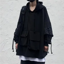 Houzhou Techwear Czarne Bluzy Z Kapturem Męskie Bluzy Goth Darkwear Gothic Odzież Punk Odzież Japoński Streetwear Hip Hop 220402