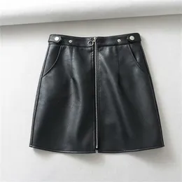 Toppy czarne sztuczne skórzane mini spódnice przednie zamek błyskawiczne spódnice w stylu koreańskiego streetwearu zimowe ubrania 210306