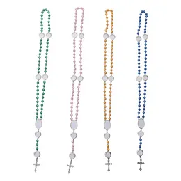4 colors Sublimation necklace Heat Transfer Pendant Rosary bead Necklace Cross Jesus Metal Pendants GF0102