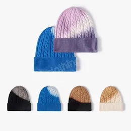 Tie-dye Knitted Hat Slouchy Women Hats In Winter Solid Color Twist Curled Edge Warm Ear Protection Caps Daily Couple Hat
