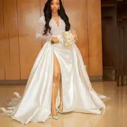 Plus Sexy Size Pearls Overskirts Wedding Aso Ebi Sheer Neck Vestido De Noiva Long Sleeves High Side Split Satin Bridal Gowns Custom Made