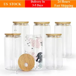16oz Sublimation Tumblers Glass Can with bamboo lid reusable straw Mason Glass Jar Iced beer Mugs frosted Soda Drinking Cups US Local Warehouse