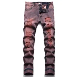 Fuchsia Slim Straight Ripped Men's Jeans 2022 Casual Multiple Holes Denim Pants Storlek 28-40 Streetwear Male Clothing Pantalones