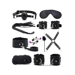 10 Pcs/set sexy products PU Leather BDSM Bondage Set Hand Cuffs Footcuff Whip Rope Blindfold Erotic Toys For Couples