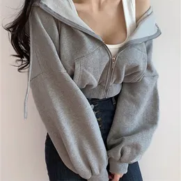 IAMSURE Short Hoodies Women Solid Sweatshirt Tracksuit Long Sleeve Female Crop Top Fashion Korean Clothing Harajuku 220812