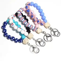 American Flag Beaded Bracelet Keychains DIY Wooden Beaded Keychain Bag Decorative Pendant Key Chain Keyring