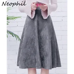 Neophil Women Suede Hög midja Midi Kjol Vinter Vintage Style Elastic Ladies A-Line Black Green Flare Fashion S29A4 220317