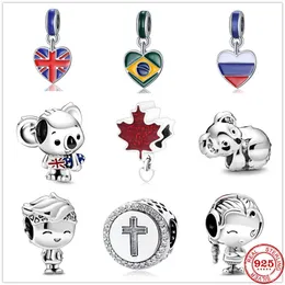 925 Sterling Silver Dangle Charm New Reino Unido Russia Brasil Cross Pingente Pingents Conta Fito Pandora Charms Bracelet Acessórios de joias DIY