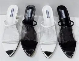 Moda Tasarımcısı Plexigla Yüksek topuklu terlik 8cm vernikli topuk boyutu 35-42 Yüksek kaliteli terlik plaj sandalet ayakkabıları üst üstü kutu ile ısı kapatılmış