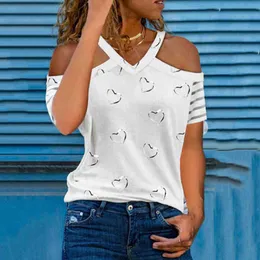 Sexig off-shoulder bluses Women Heart Printed Shirts Causal Short Sleeve V-Neck Tunic Tops Blusa Y Camisas L220705