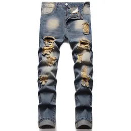 Nostalgic Ripped Hole Men's Jeans 2022 Slim Fit Straight Retro Blue Denim Pants Fashion Casual Hip-Hop Style 28-40 Streetwear