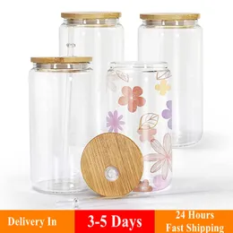 US Warehouse 12oz 16oz Sublimation Glass Tumblers Frosted Clear Cola Cans With Bamboo Lid and Reusable Straw Beer Cocktail Cup Whiskey Coffee Mug Iced Tea Jars