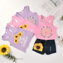 Kids Designer Clothing Sets Girls Summer Chrysanthemum Tops Cowboy Shorts Suits Letter Printed Sleeveless Vest Jeans Pants Outfits