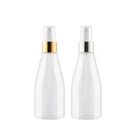 Packing Empty Plastic Bottle PET Conical Flask Shiny Gold Silver Collar Spary Press Pump With Clear Cover Cosmetic Portable Refillable Packaging Container 200ml