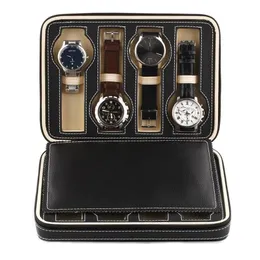 Black Faux Leather Watch Display Storage Box assistindo estojo 2/4/8 Grades bandeja com zíper para o coletor de coletor 220509