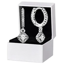 Kwadratowe błyszczące kolczyki Hoop oryginalny zestaw pudełek dla Pandora 925 Sterling Silver CZ diamentowy wisiorek kolczyk damski projektant biżuterii ślubnej