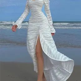 Klalien Fashion Elegant French Romantic Solid White Maxi Dresses Women Beach Vacation Style Sexig Off Axla Halter Dresses 220505