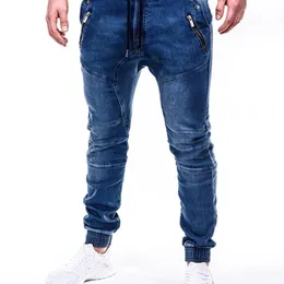 Solid Color Vintage Man Wrinkle Jeans Blue Classic Cargo Pants Mans Zipper Pockets Hip-hop Denim pants Drawstring Casual Trouser 220328