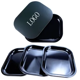 Pure Black Color Without Logo Rolling Trays OEM Smoking Dish Metal Tobacco 180x140mm Roll Tin Case Spice Tinplate Plate With Lid Herb Tray Small Hand Roller Storage