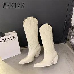 Mode Emed Mikrofaser-Leder-Damenstiefel mit spitzer Zehenpartie, Western-Cowboy-Kniehohe, klobige Keilabsätze 220813 GAI GAI GAI