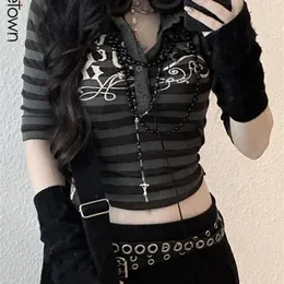 Sweetown Gothic-Print-Tops, gestreift, süße Y2K-T-Shirts, Dark Academia Techwear, Button-Up, V-Ausschnitt, halbe Ärmel, Grunge-T-Shirts, 220510