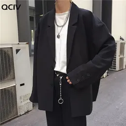 Män Solid Black Blazers Autumn Single Breasted Korean Chic Casual Oversize Mens Outwear Pockets Ins Simple Loose Chic 220801