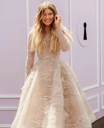 Szampana A-line sukienki ślubne wysokie szyi długie rękawy koronkowe szyfonowe marszczenia aplikacje cekiny łydki eleganckie plus niestandardowe bohemian ślubne suknie ślubne