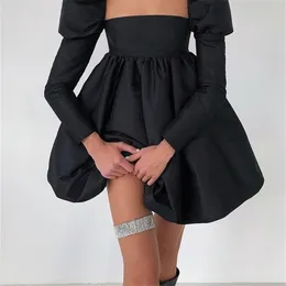 Rockmore Elegant Party Dress For Women Sexy Backless Mini Dress Long Sleeve Pleated Ball Gown Puffy Dresses y2k Streetwear Black 220316