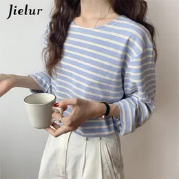 Jielur Korean Fashion Striped T-shirt Autumn Long Sleeve Women's Top Loose Casual Cotton Female Blue Orange S-XL 220402