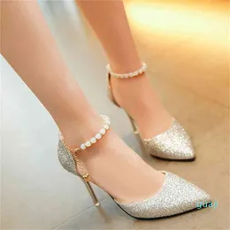 Sandalen Damen Sommer koreanische Version vielseitige Perle eine Linie Schnalle spitze sexy dünne Ferse High Heels einzelne Schuhe