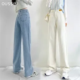 OUSSYU Marke Frau Jeans Hohe Taille Breite Bein Baumwolle Denim Kleidung Blau Weiß Streetwear Vintage Mode Harajuku Gerade Hosen 220701