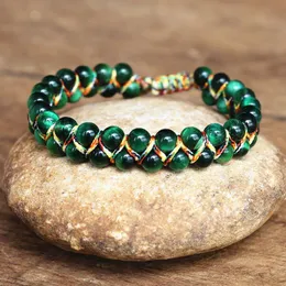 Очарование браслетов 6 мм зеленый тигр глаз камень плетение двойной слой из бисера браслет женщины мужчины дружба пряди ручной ювелирные изделия