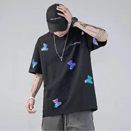 Refleksyjna ponadwymiarowa T koszule Body Print Bear Rainbow T koszule pół rękawu bawełniane mężczyzn topy tee streetwear Hip Hop Ubranie 220608