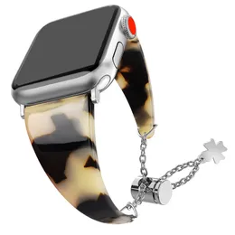 Resin Bracelet Strap For Apple Watch Series 7 Se 6 5 4 Women Tortoise Shell Wristband iwatch Band 41mm 45mm 44mm 42mm 40mm 38mm Watchband With Pendant Chain Accessories