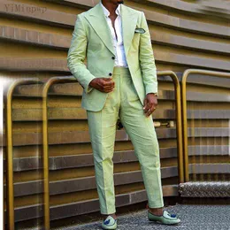 Mint Green Linen Men Suits Peaked Lapel Wedding Party Prom Suits Big and Tall Blazer Jacket Tuxedos Wear 2 قطعة معطف Pant L220702