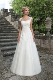 Splendido abito da sposa A Line Appliques in pizzo con perline lungo avorio Tulle Abiti da sposa Cap Sleeve Royal Square Neck Robe De Mariée Abiti da sposa vintage da sposa