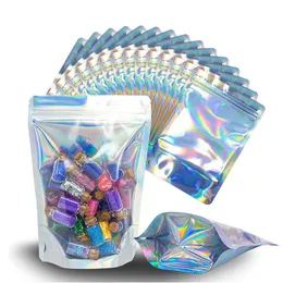 Holographic Resealable Mylar Bags Smell Proof Heat Sealable Stand Up Pouches - Use for Party Favors Candy Gift LX4692