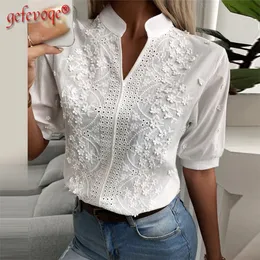 Chic Solid Hollow-out V Neck Lace Blouse Floral Patterns Embroidery Decoration Casual Women Shirt Puff Sleeved Half Cotton Tops 220513