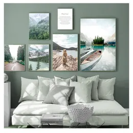 Pinturas carteles nórdicos e impresiones cuadros de pared para decoración para sala de estar bosque montaña barco lago planta castor arte lienzo pintura
