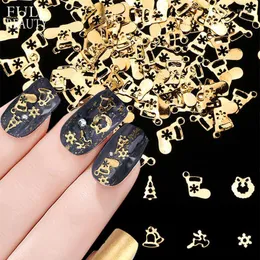 Adesivi Decalcomanie Decorazioni per nail art Oro Piccoli accessori Borsa a reticolo 6 pezzi Calzini con campane natalizie in metallo Prud22