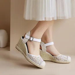 Sandaler Sandalias Mujer Promotion Ankel-Wrap Sapatos Mulher Wedges Heel Shoes Closed Toe Ladies Slingback White