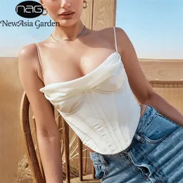 Asien Satin Corset Top Spaghetti Strap Foder Cowl Neck Boning Padded 2Layer Backless Zipper Bustier Sexiga Crop Tops Women 220316