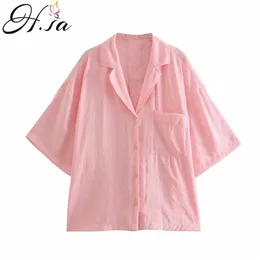 Hsa Fashion Summer Casual Pink Blouses Female Bat Short Sleeve Elegant Shirt Pink Loose Tops 210716