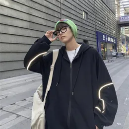 Men's Jackets Fall Men's Row Reflective Strips Loose Drop Shoulder Hooded Cardigan Solid Color Sweatshirt JacketMen's