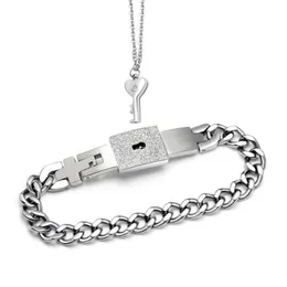 Charm Bracelets Titanium Puzzle Couple Heart Lock Key Bracelet Necklace Lover Jew Elry SetCharm