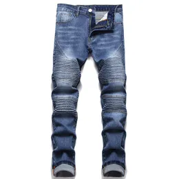 2022 New High Street Stretch Biker Jeans Fashion Slim Men's Pleated Cargo Pants Solid Blue Skinny Trousers Vaqueros de hombre