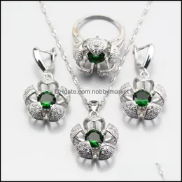 Ohrringe Halskette Verkauf Drei-Nsional Silber Farbe Grün Erstellt Smaragd Blume Schmuck Sets Für Frauen Ring 6/7/8/9/10 Js390 Drop Lieferung