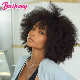 Bangs ile ucuz insan saçı peruk Afro Kinky Kıvırcık Brezilya Perukları Siyah Kadınlar için Glueless Renkli Doğal Baihong 220609