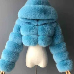 Lucyever moda com capuz com casaco de pele falso 2022 Inverno de alta qualidade azul azul com sobretudo elegante jaqueta colheita femme l220714