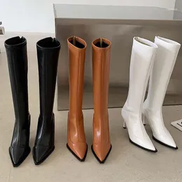 Botas outono inverno feminino até o joelho moderno moda bico fino salto fino sapatos femininos zip casual feminino alto